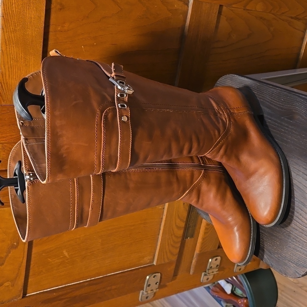 Marc Fisher Leather Wide Calf Taite Riding Boots Ladies Size 7.5 Carmel Color - Picture 5 of 10
